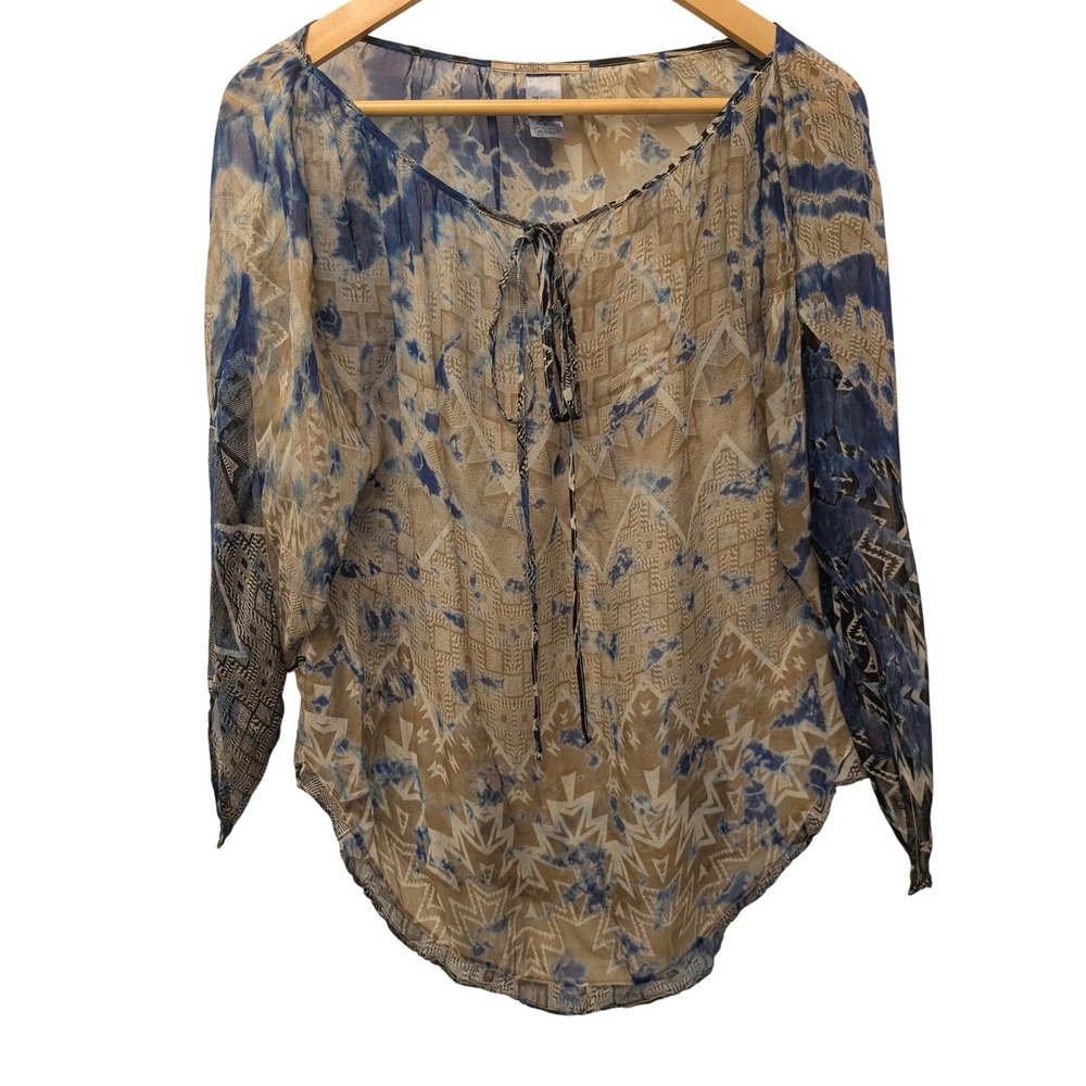 Anthropologie Language 100% Silk Sheer Top Tie Dye Geometric Blouse Boho Indie S